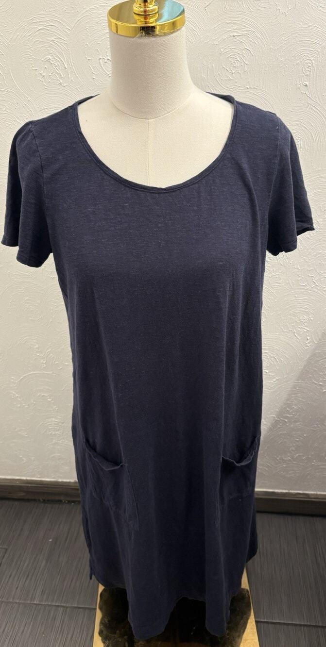 Eileen Fisher Navy Blue T-shirt Tunic Dress Medium Pockets Hemp/Organic Cotton